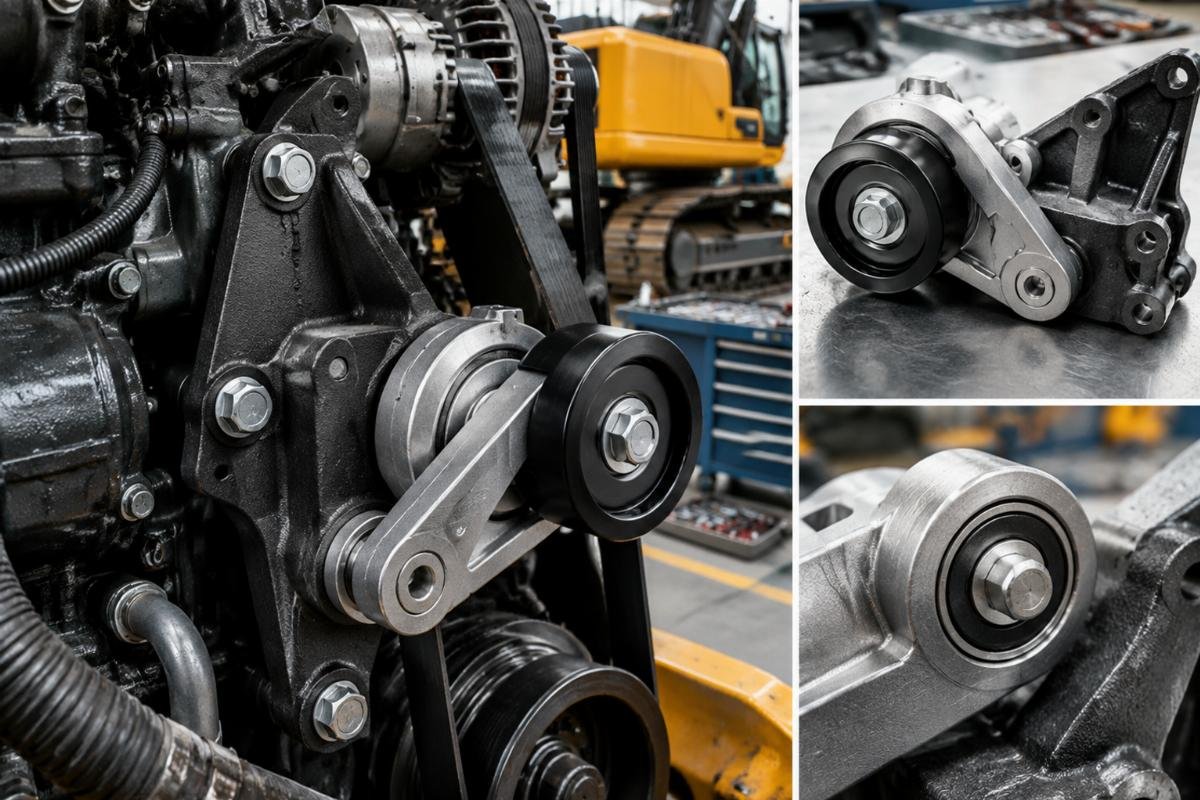 Belt tensioner pivot and bracket detail for excavator engine rebuild