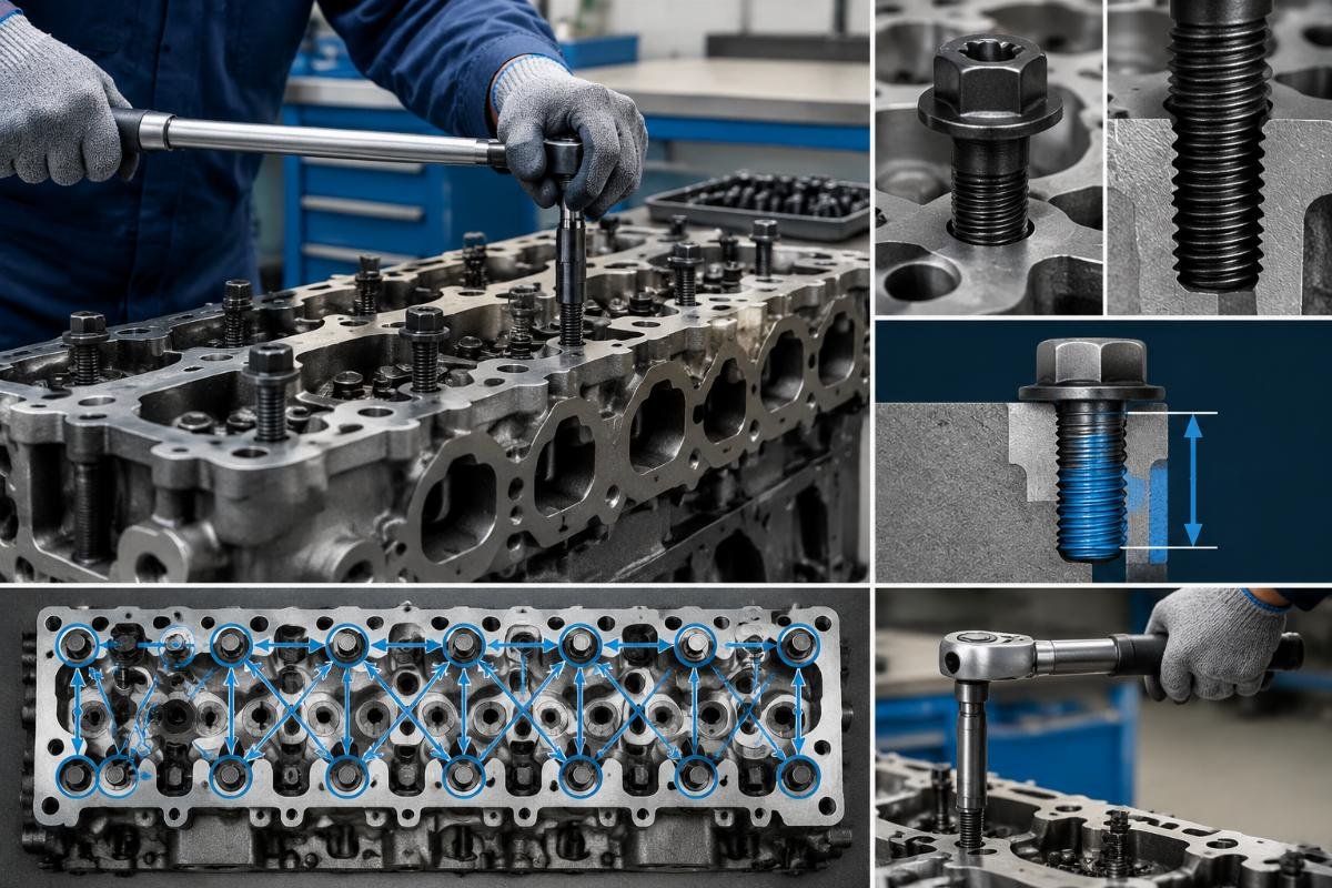 Deutz cylinder head bolt thread engagement and torque sequence detail