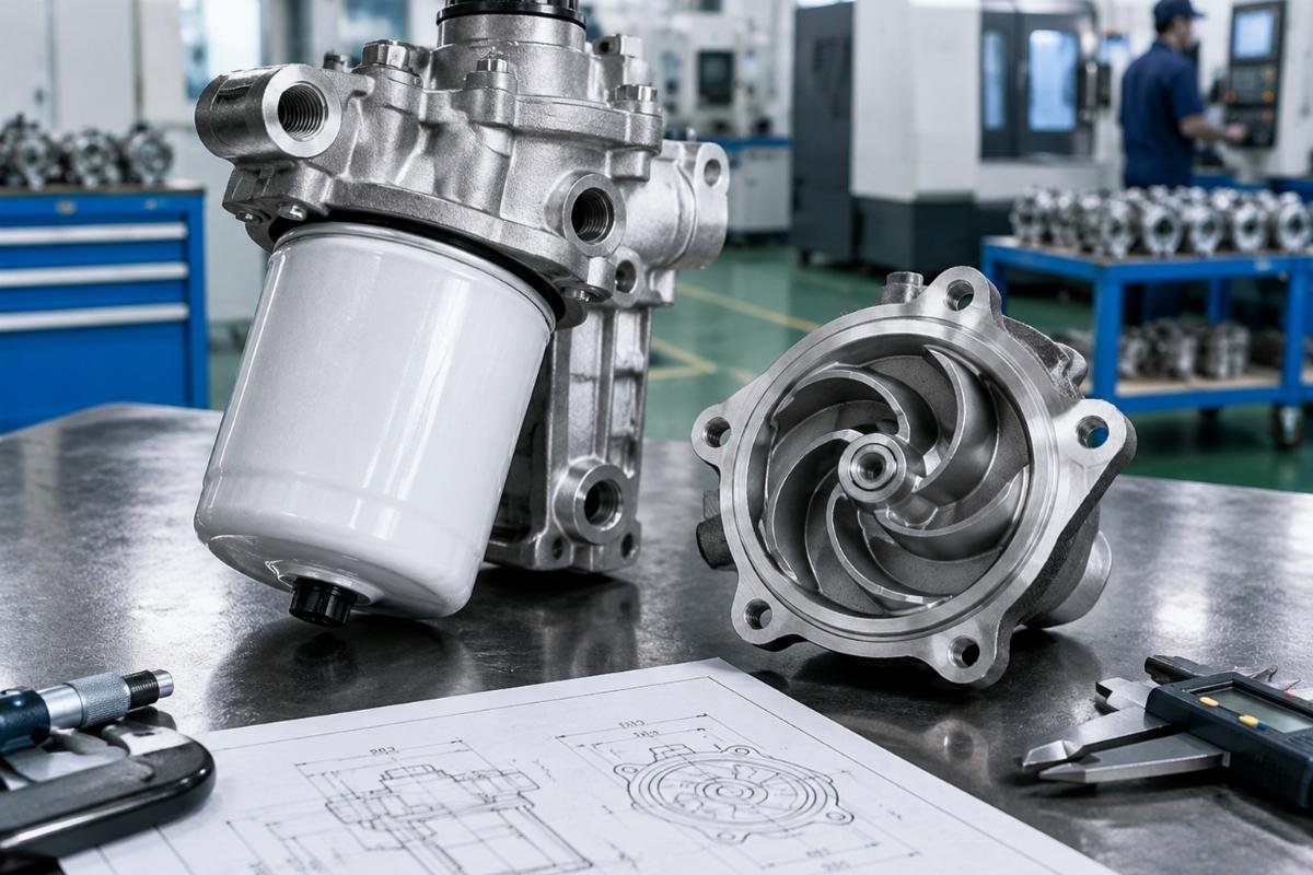 Fuel filter housing and pump impeller dimensional detail