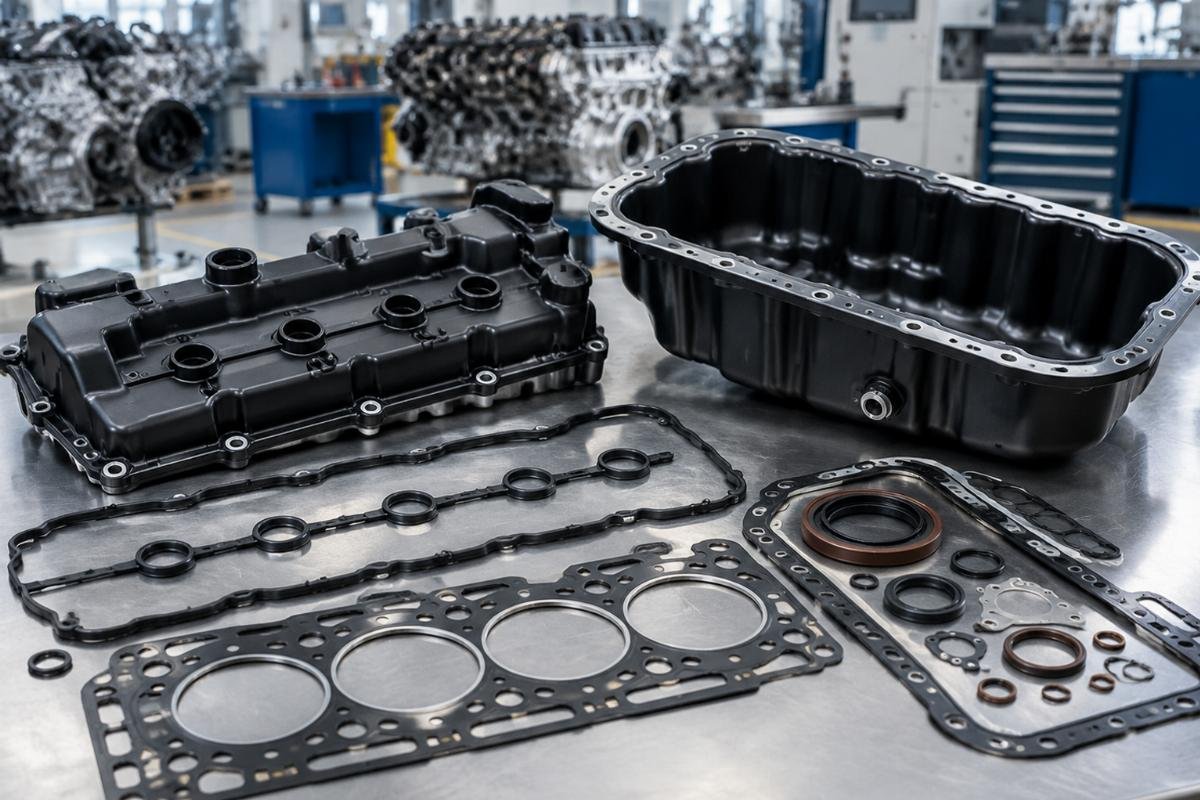 Overhaul gasket kit valve cover and oil pan sealing elements close-up