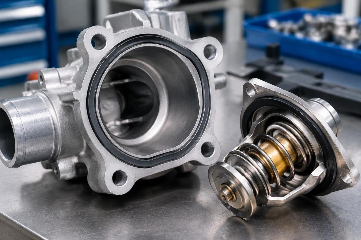 Thermostat housing gasket sealing surface and wax-element actuator orientation detail
