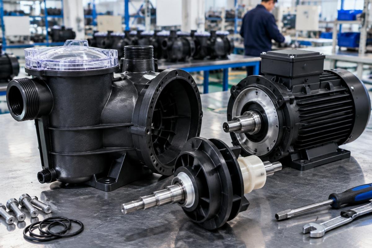 W3SP1580X15 Above Ground Pool Pump engine replacement showing thermoplastic housing and shaft assembly