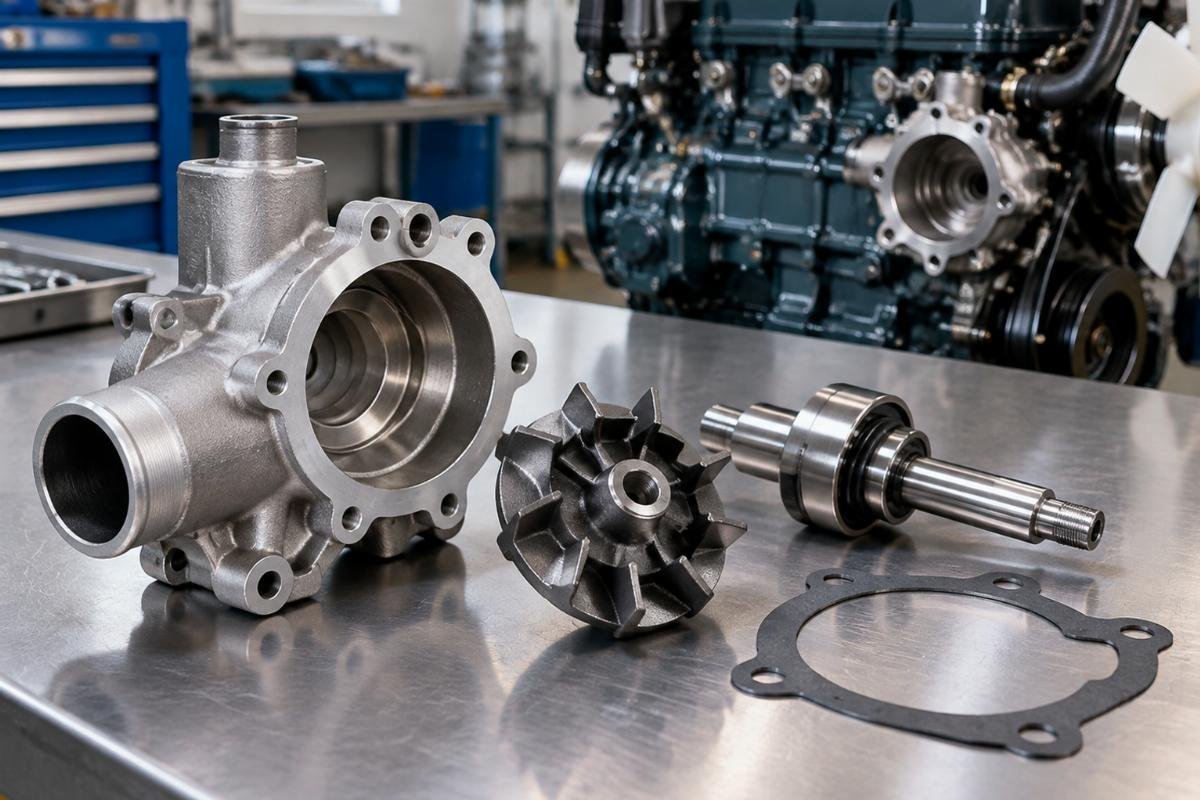Water Pump for Kubota D1402 engine showing housing, impeller, and shaft assembly